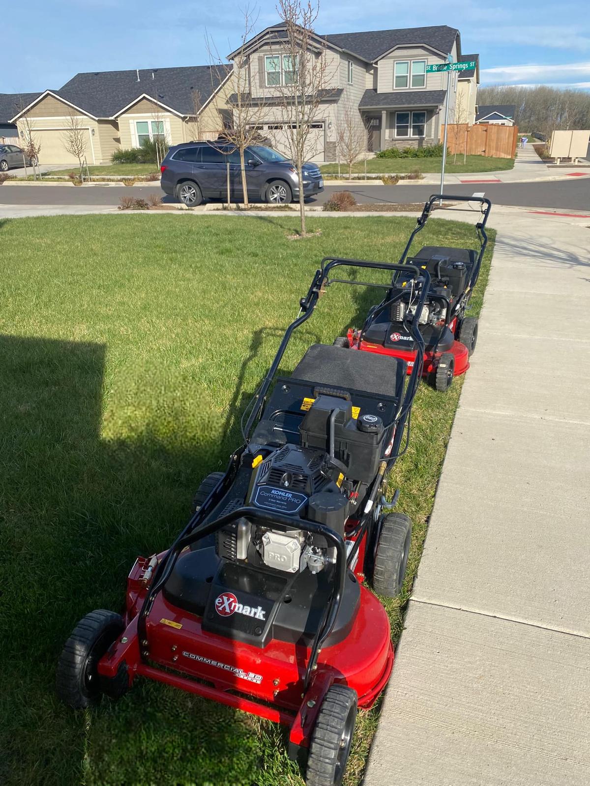 Three red commercial walk behind mowers lined up nose to tail on a pavement beside a mown verge